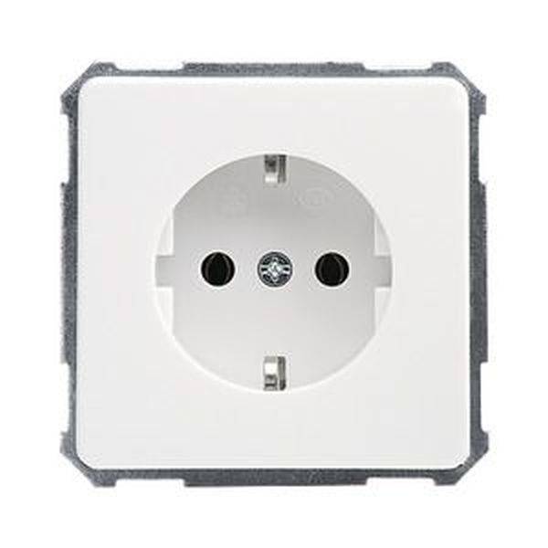White wall socket with two holes and an earth pin in the centre, mounted in a square frame.