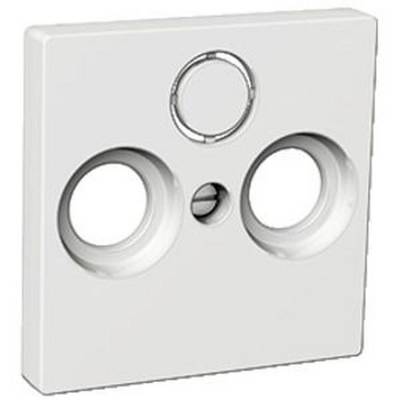 White recessed wall box with multiple round openings for coaxial cable connections, suitable for television and radio signals.