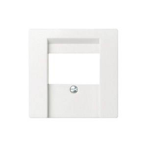White plastic cover with a rectangular opening and a screw in the centre, used for wall-mounting electronic devices.