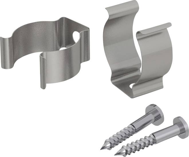 Two metal cable clips and two matching screws for securing cables or wires to a surface.