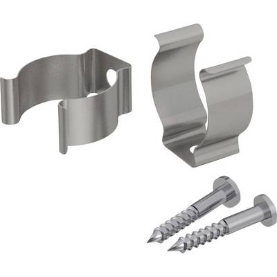 Two metal cable clips and two matching screws for securing cables or wires to a surface.
