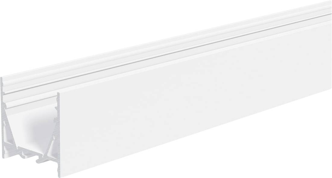 White aluminum extrusion profile shown in perspective, with a grooved channel and layered edges on a plain white background.