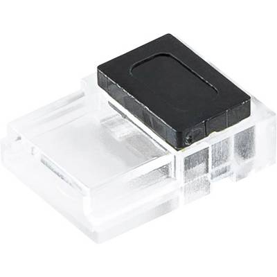 Clear plastic electronic connector with a black top cap, shown on a white background.