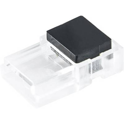 Small transparent plastic electronic connector with a black top cap, shown on a white background.