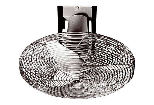 A ceiling fan with a protective grille, mounted on a wall bracket.
