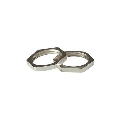 Two hexagonal metal nuts are lying side by side on a white background.