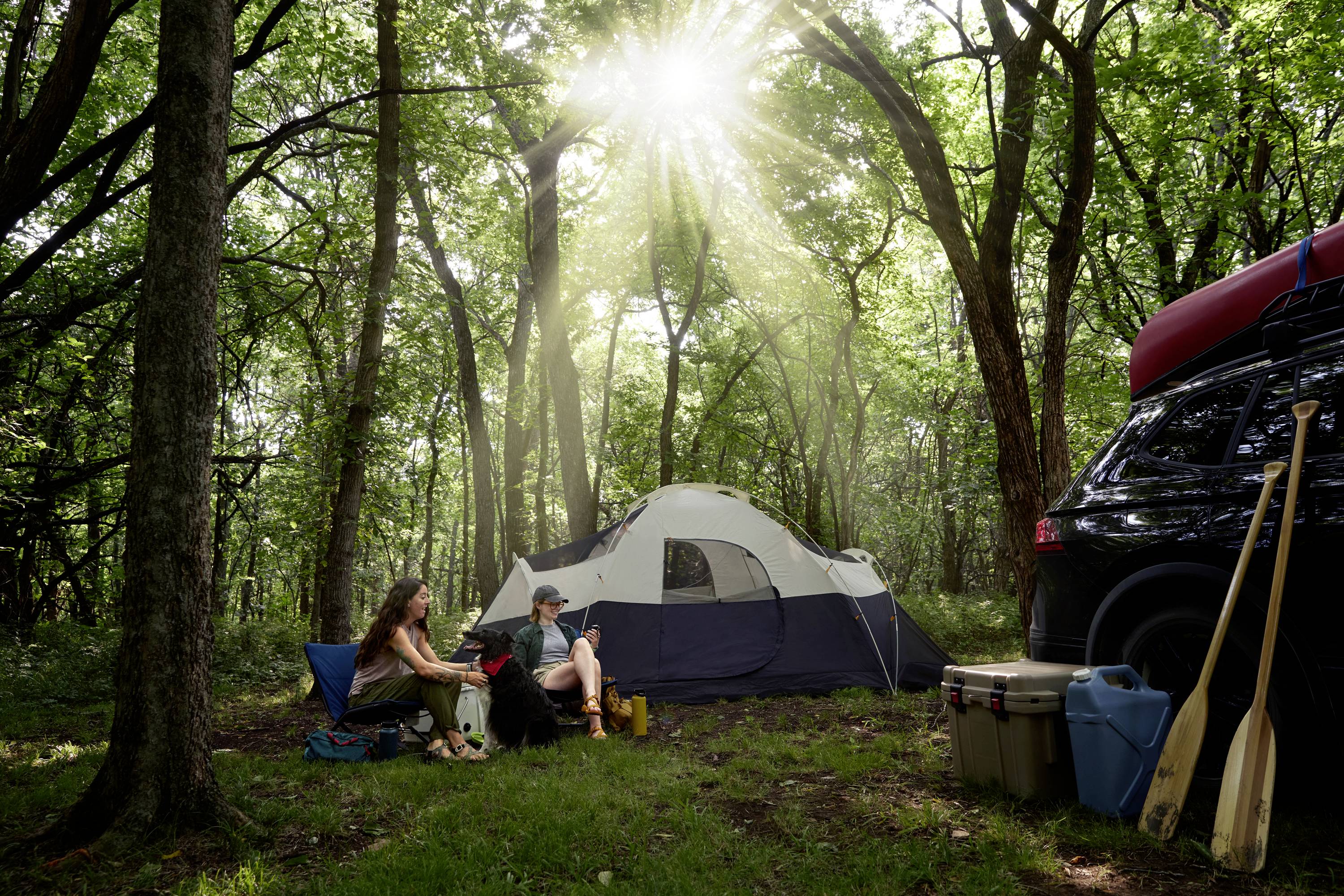 A couple sits beside a tent in the woods, surrounded by camping equipment. Sunbeams shine through the trees.
