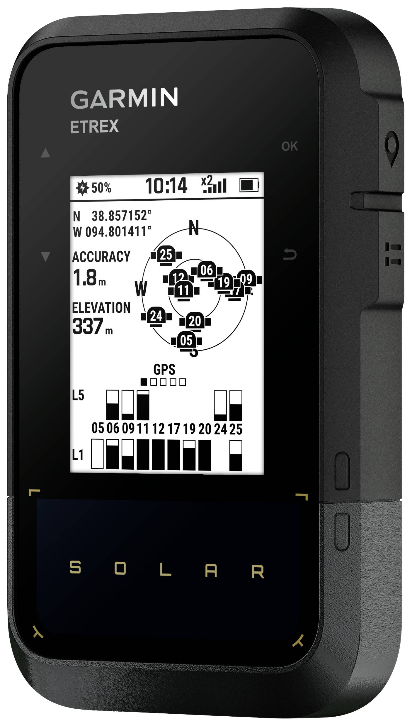 A GPS device displays the coordinates, accuracy (1.8 m), altitude (337 m) and satellite information. At the top, 'GARMIN ETREX' is visible.