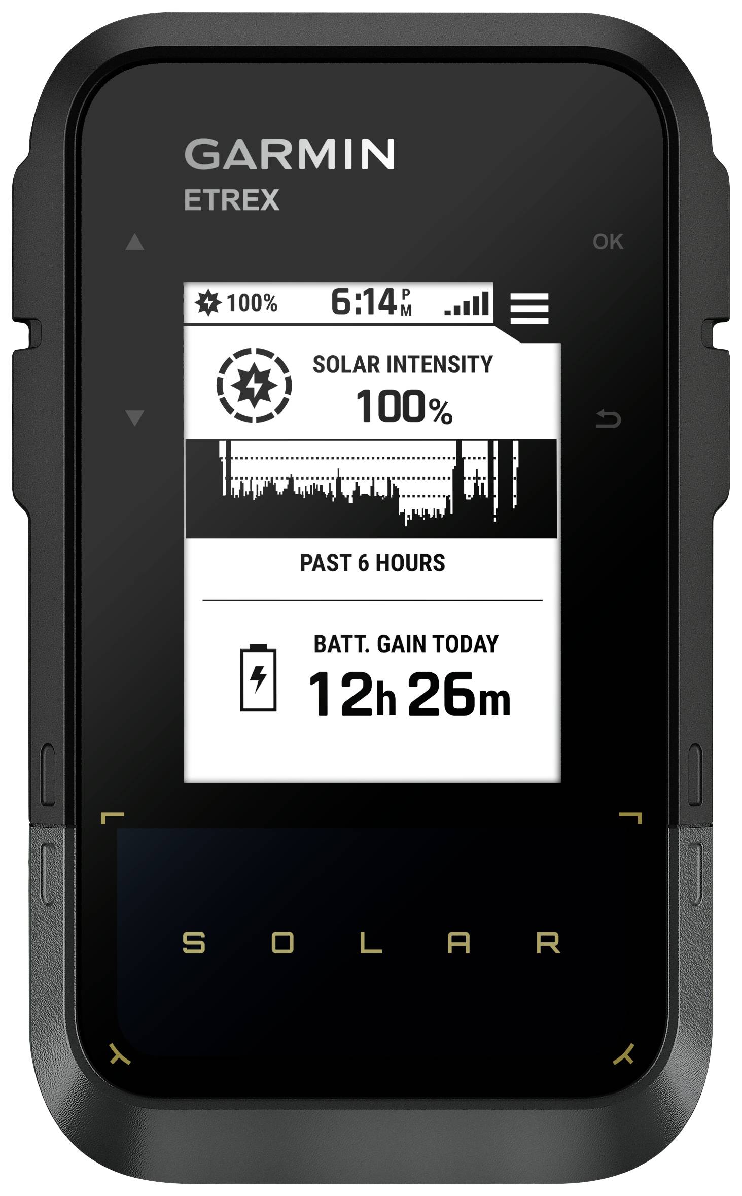 A GPS device shows solar intensity at 100% and the battery has gained 12 hours and 26 minutes of charge.