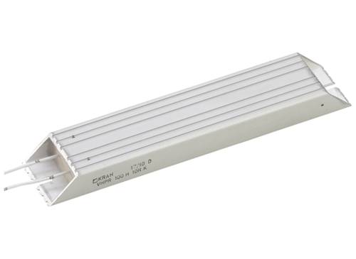 A white electric resistor with the label 'KMAR VV/HR 100H 10R' on the side, with three protruding wires.