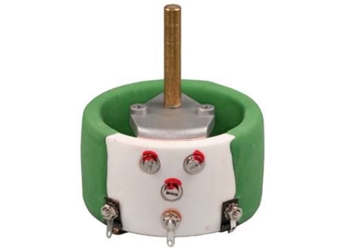 A potentiometer with a green plastic housing and metallic rotary shaft, identifiable by several screw connections on the front.