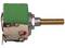 A potentiometer with a green casing and metal shaft. It has terminals and a screw connection. Used for controlling electronic devices.