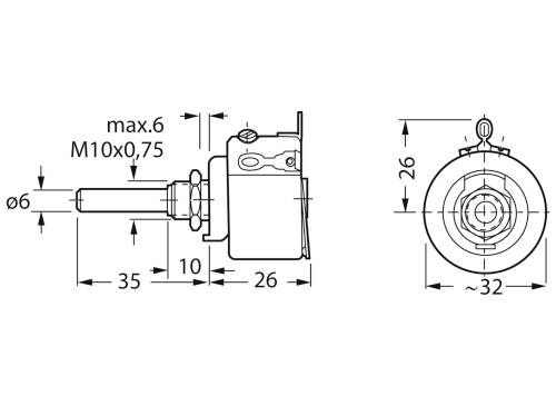 Technical drawing of a sensor with side and front view. Dimensions in mm: Length 35, Width 10, Height 26, Diameter 6.