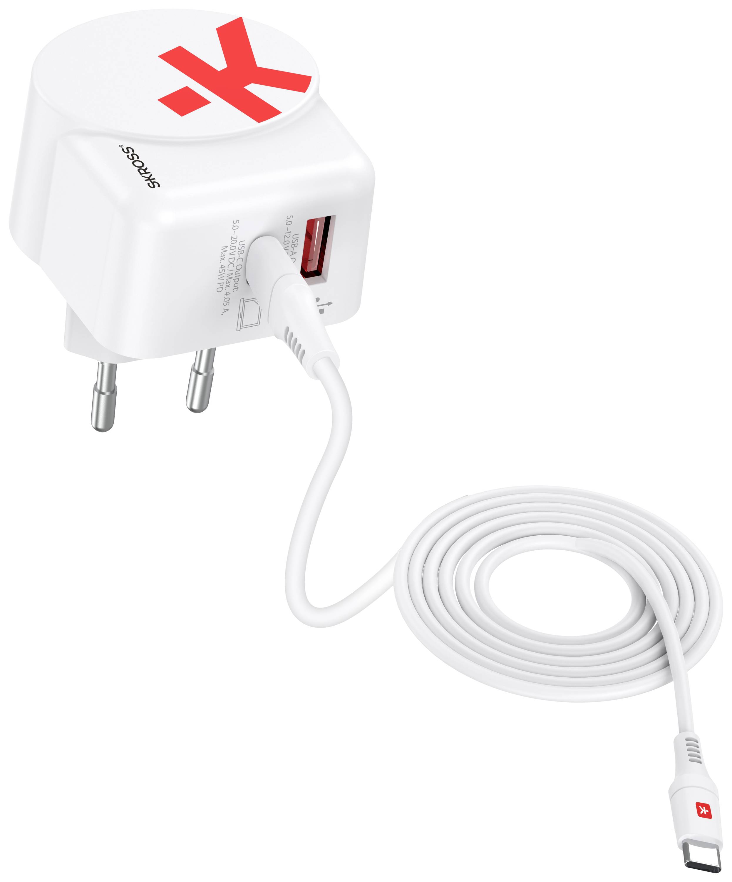Skross Euro USB Charger AC45PD + USB-C cable USB charger 45 W Indoors Max. output current 4.05 A 1x USB-A, 1x USB-C® No. of outputs: 2 x