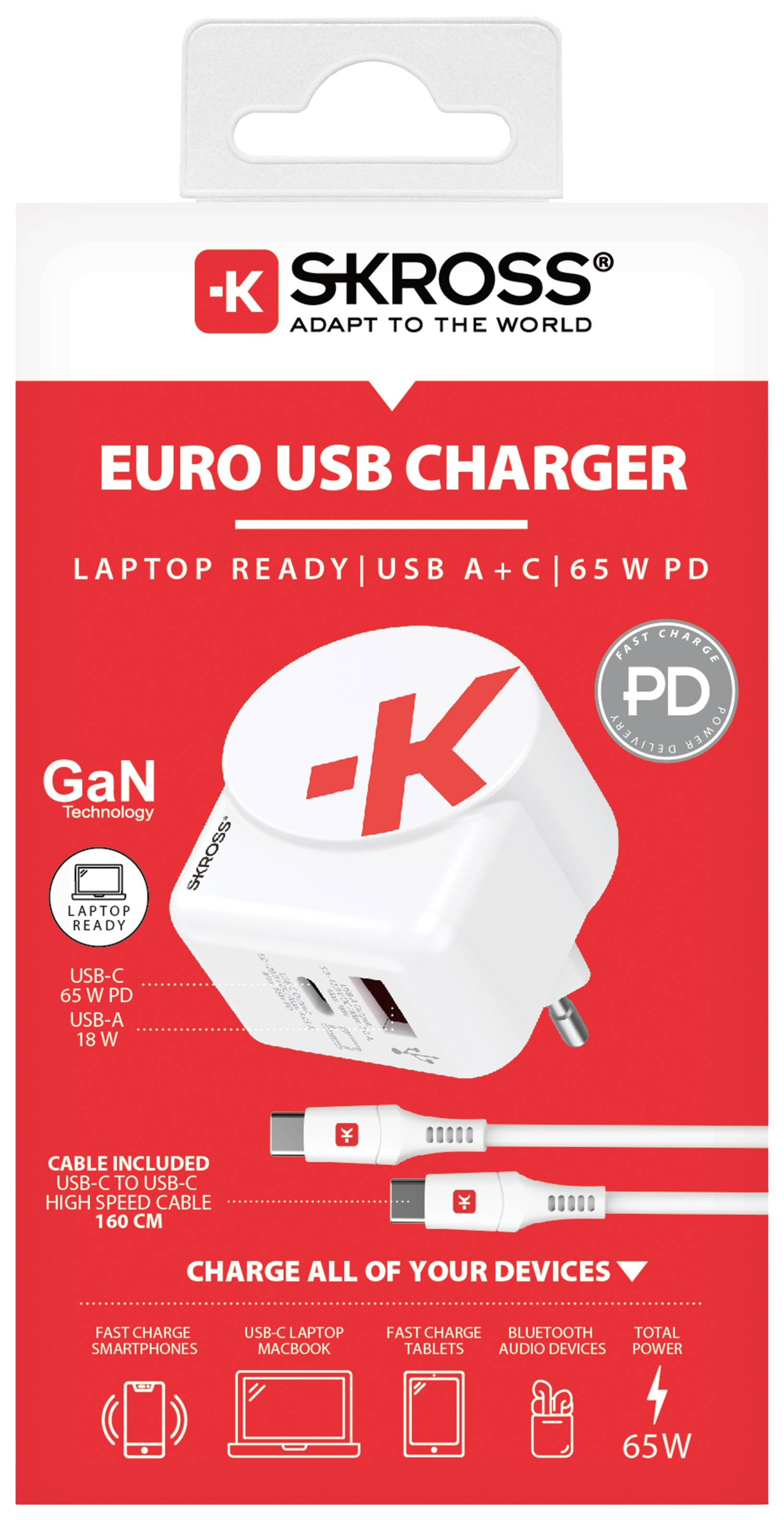 Euro USB Charger by SKROSS, suitable for laptops. USB A+C ports, 65W power output. Includes a USB-C cable.