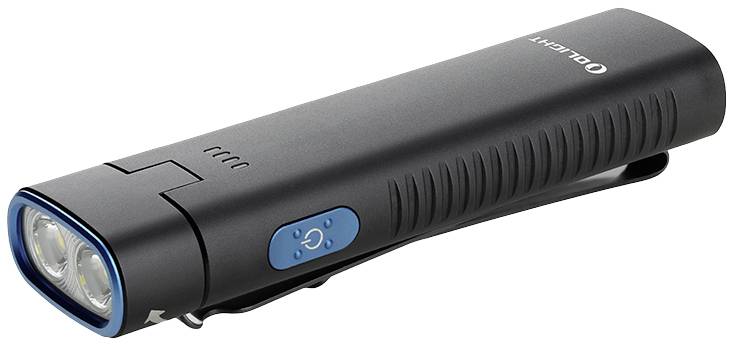 Black torch with blue button and two lenses. Brand name on top. Battery level indicator on the surface.