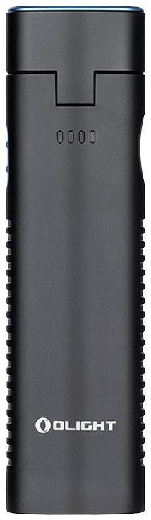 Black torch with vertical grooves on the sides. LED battery level indicator on top. 'Olight' logo on the lower part of the casing.