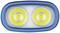 Close-up of a double lens with yellow LED lights in a blue frame, likely a component of a torch or light fitting.