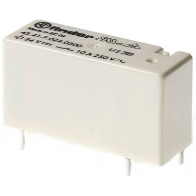 White electronic component with side labelling: 'Finder 43.61.7.024.0300 24V, 10A 250V'. Two metal pins visible.