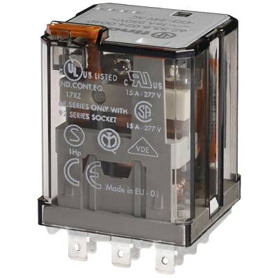 Relay with transparent casing, visible electrical contacts. Printed specifications and certification logos.