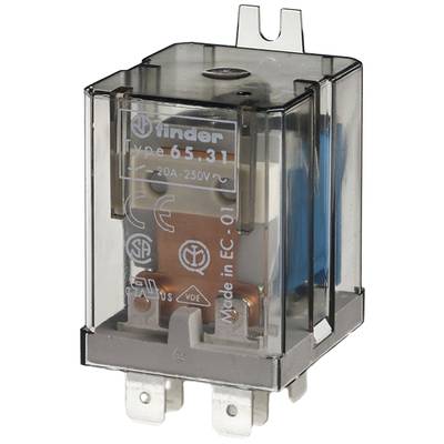 Pictured is an electrical relay with the inscription 'Finder Type 65.31'. It has a nominal voltage of 250V and 20A.