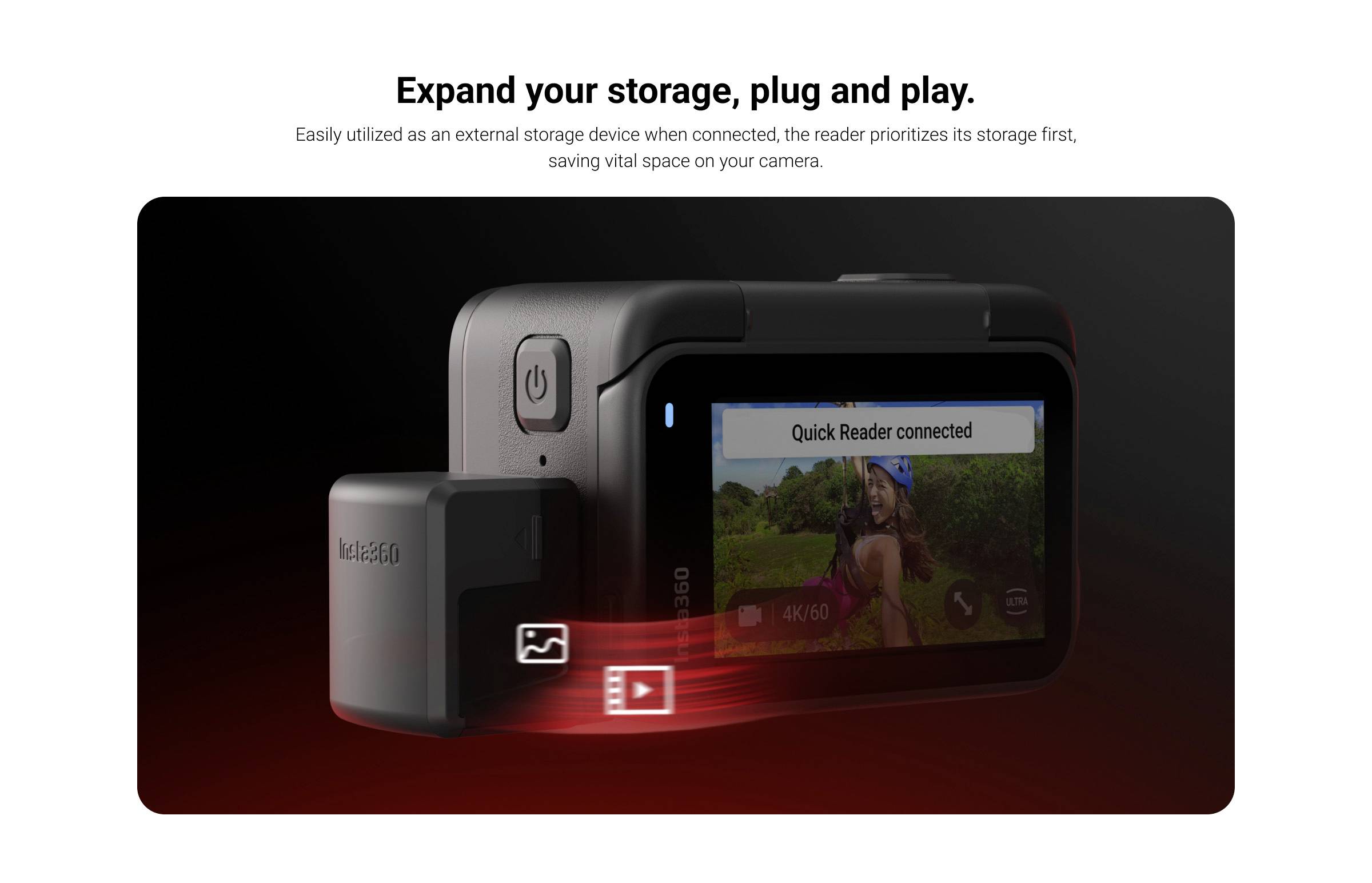 A camera with an attached external storage device is shown. Text on the display: 'Quick Reader connected'.