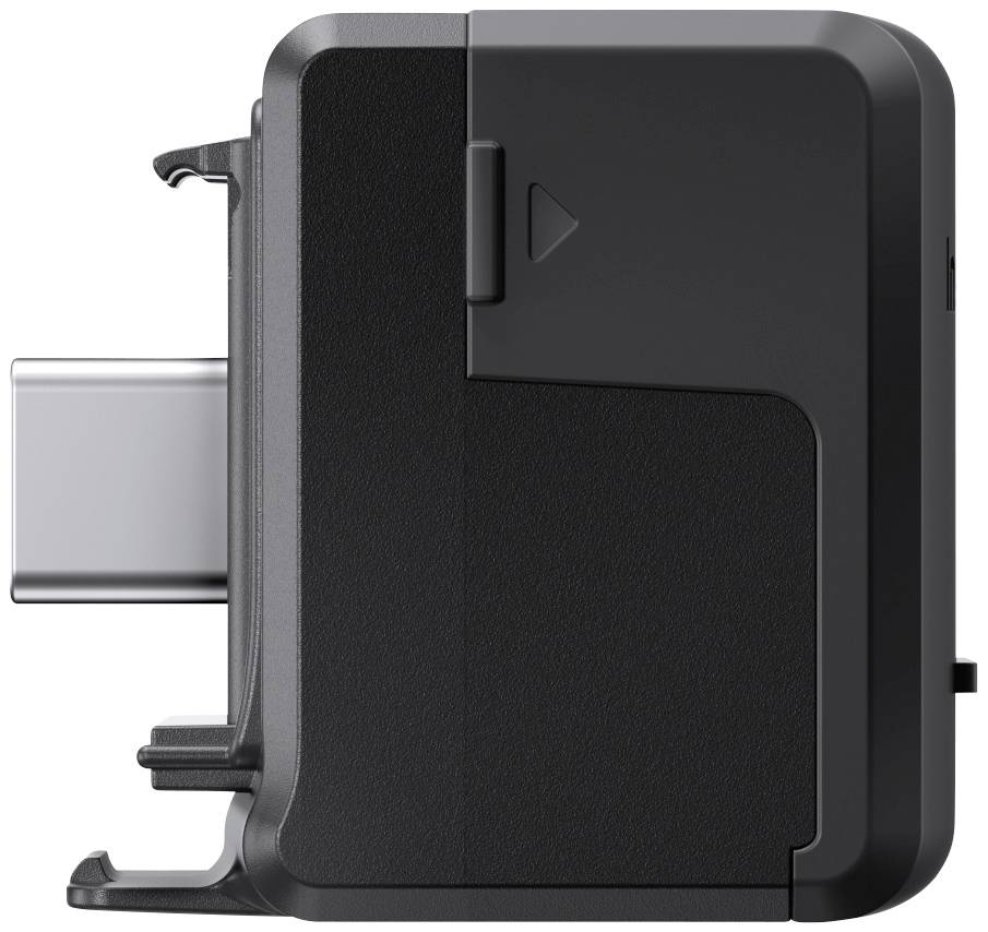 A black adapter with a USB-C port on the left side. The design appears compact and functional.
