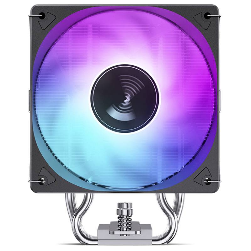 A CPU cooler with RGB lighting, displaying blue and purple colours. Visible cooling fins and heat pipes.