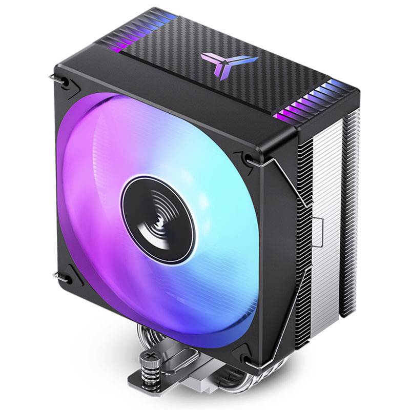 PC cooling fan with RGB lighting, displaying various colours. Rectangular casing, suitable for computer cooling.