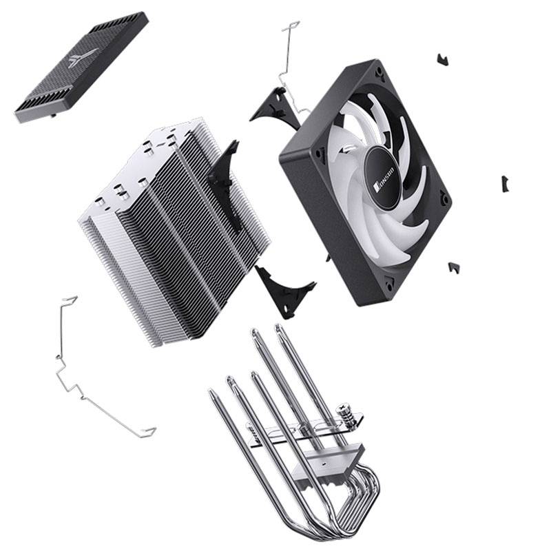 Exploded view of a CPU cooler with fan, heatsink and heat pipes. Shows mounting positions and components.