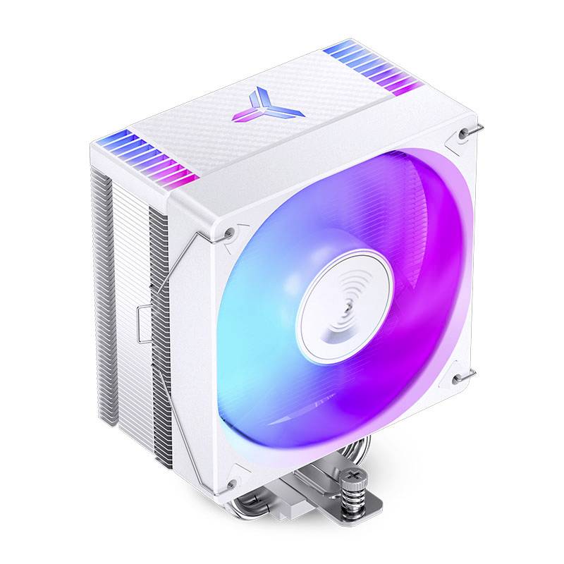 A white computer fan with LED lighting in various colours. The fan is positioned diagonally.