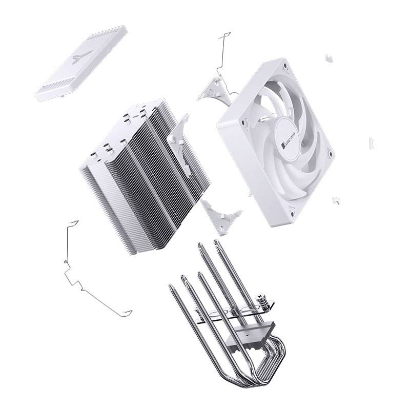 A disassembled PC cooler shows fans, heat sinks and mounting brackets. The components are in white and appear to be floating.