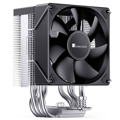 Large CPU cooler with a black fan, silver cooling fins, and four heat pipes. Designed for efficient heat dissipation.