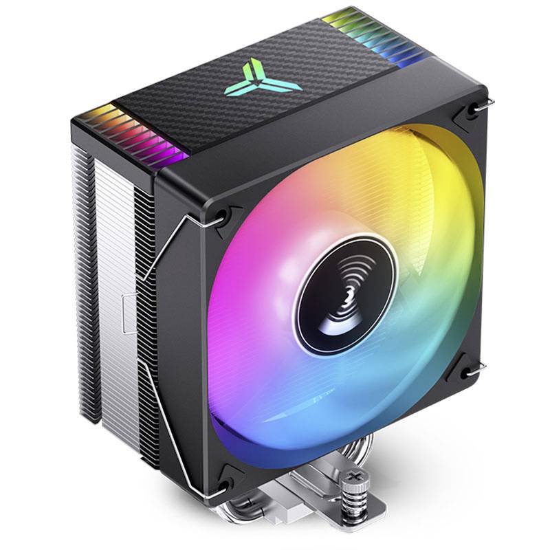 Computer fan cooler with RGB lighting, black casing, reflecting rainbow colours, vertically positioned.