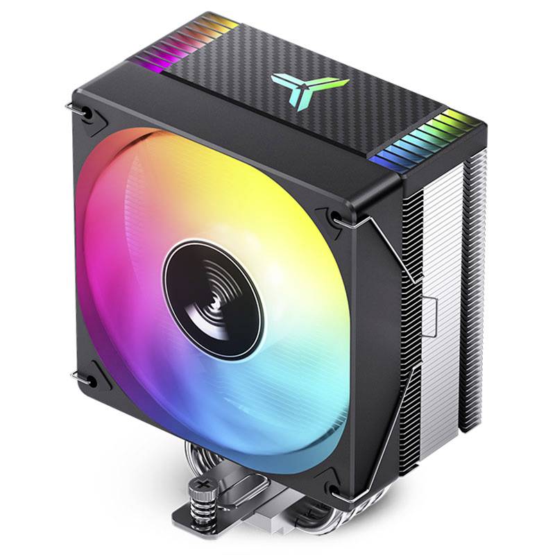 Cooler with RGB-illuminated fan, mounted on a metal base, with coloured spiral lighting, suitable for computer cases.