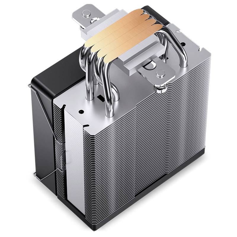 A CPU cooler with multiple copper heat pipes and aluminium fins for heat dissipation.