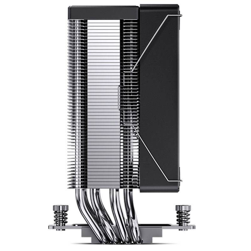 Computer cooler with vertically arranged heat pipes and cooling fins, alongside a black fan, mounted on a metal base.