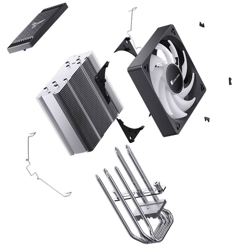 Exploded view diagram of a CPU cooler with fan, heatsink, heat pipes, and mounting accessories arranged in mid-air.