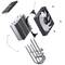 Exploded view diagram of a CPU cooler with fan, heatsink, heat pipes, and mounting accessories arranged in mid-air.