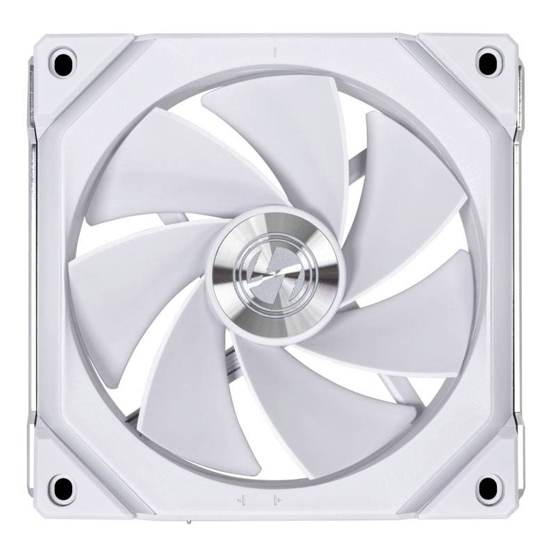 A white computer fan with a square frame and curved, transparent blades positioned symmetrically in the centre.