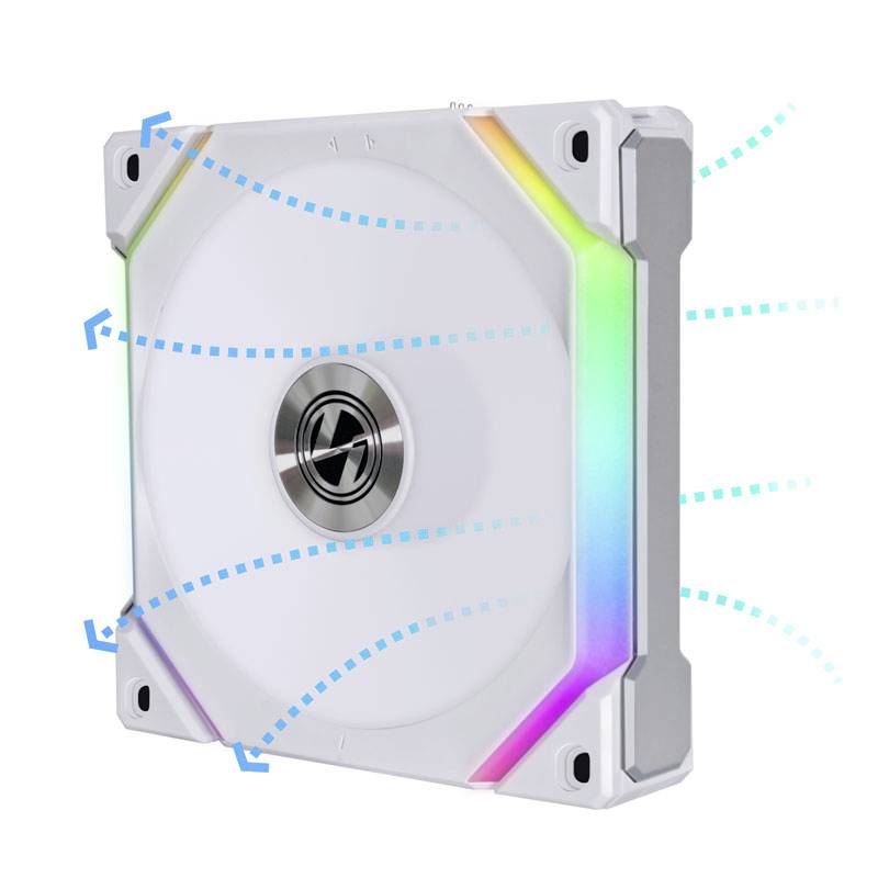 A white, square computer fan with RGB lighting on the sides and blue arrows indicating the airflow direction.