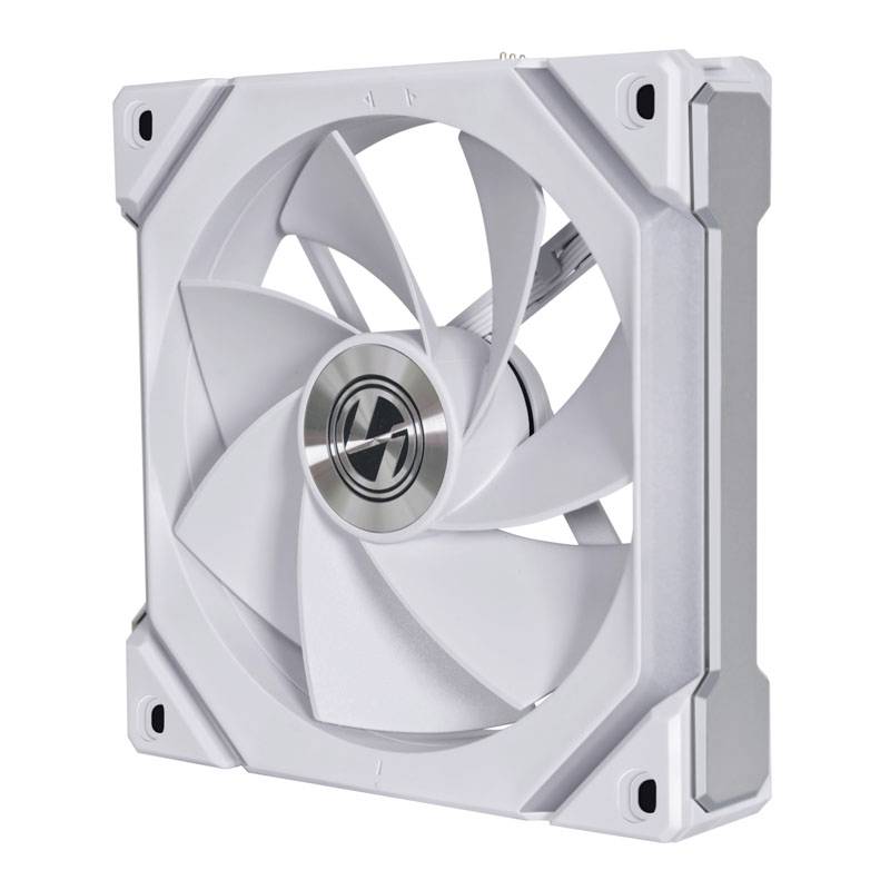 A white computer fan with a central logo, geometric design and multiple angular edges, suitable for case cooling.