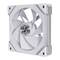 A white computer fan with a central logo, geometric design and multiple angular edges, suitable for case cooling.