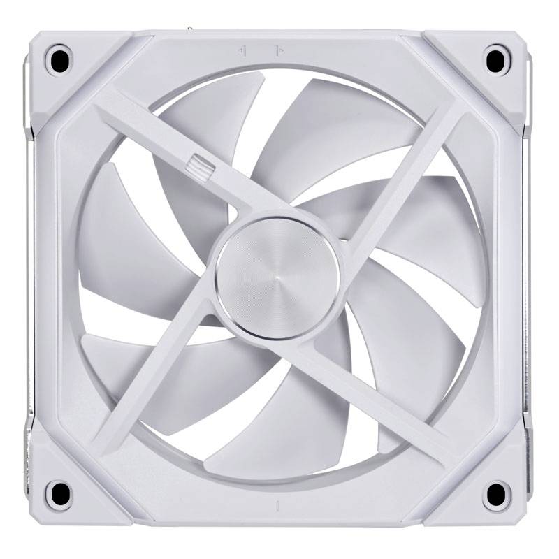 A white computer fan with a square frame and five curved rotor blades in a close-up view.