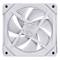 A white computer fan with a square frame and five curved rotor blades in a close-up view.