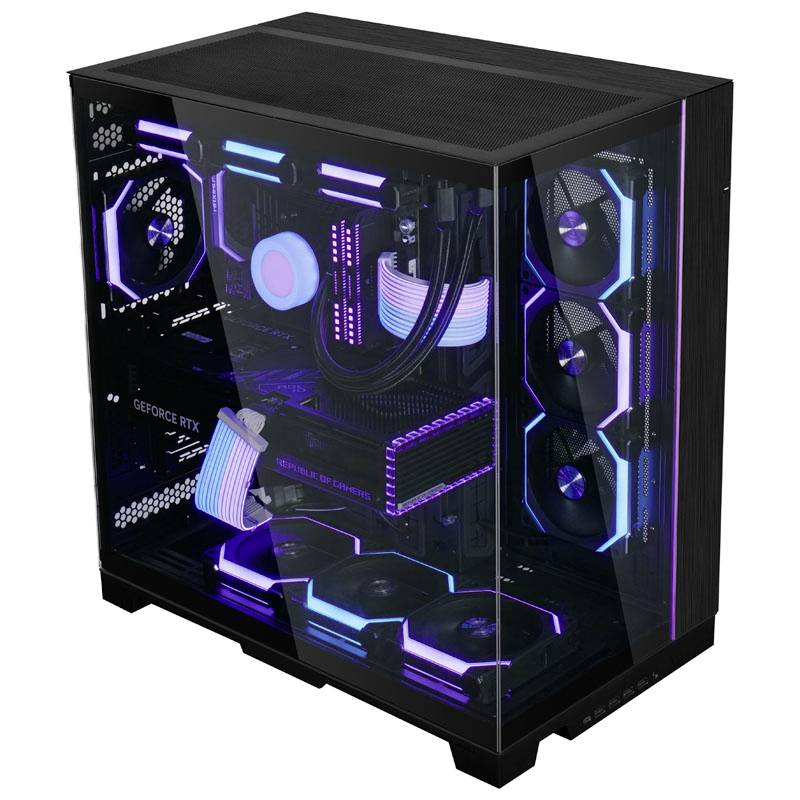 A PC case with a glass window showcases a modern gaming computer configuration with RGB lighting and fans.