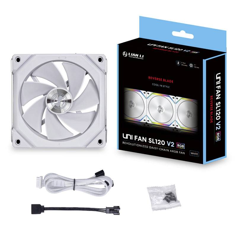 Cooling fan set with white case fan and accessories, including cables and screws. Packaging displays the model 'UNI FAN SL120 V2'.