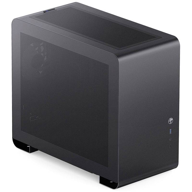 Black, rectangular computer case with rounded edges and a side ventilation grille. Features ports on the front panel.