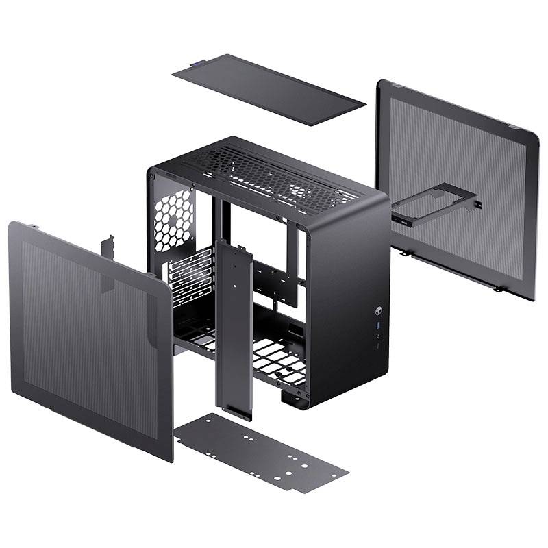 Exploded view of a computer case. Shows removable side panels, top and bottom surfaces, and internal structure with ventilation grilles.