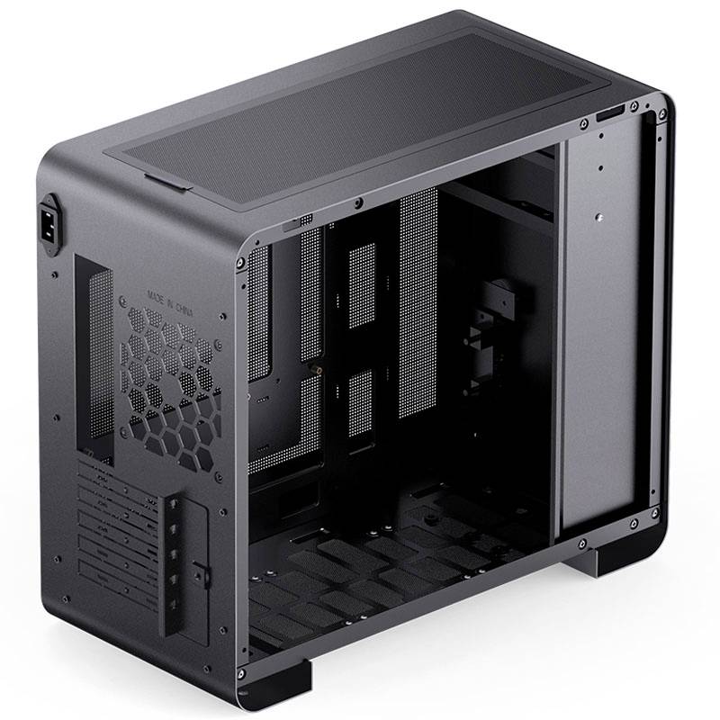 Black, empty computer case with perforated ventilation slots and open side panels reveals internal view for component assembly.